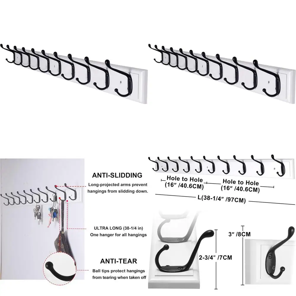 

10-Hook Wall-Mounted Coat Rack, 16 Spacing, 38.25 Length, Wooden, White & Black
