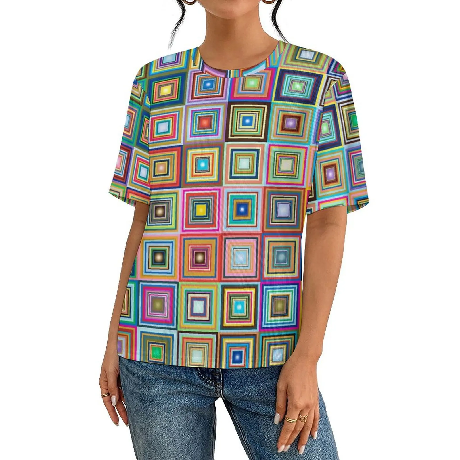 Fun Retro Square T Shirt For Male Colorful Tiles Custom O Neck T Shirts Summer Vintage Clothing Y2K Oversized Tees Birthday Gift