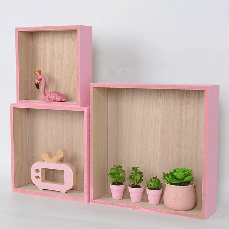 3Pcs Children's Shelves Vintage Pink Wall Floating Square Shelf Doll Display Storage Rack Baby Nursery Room Home Decoration