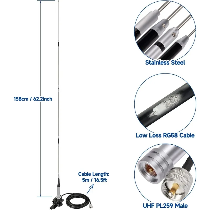 DIAMOND SG-7200 High Gain Mobile Ham Radio Antenna VHF UHF Dual Band Lip Mount Anti-Rust Antennas PL259 Male 16.5Ft RG58 Cable