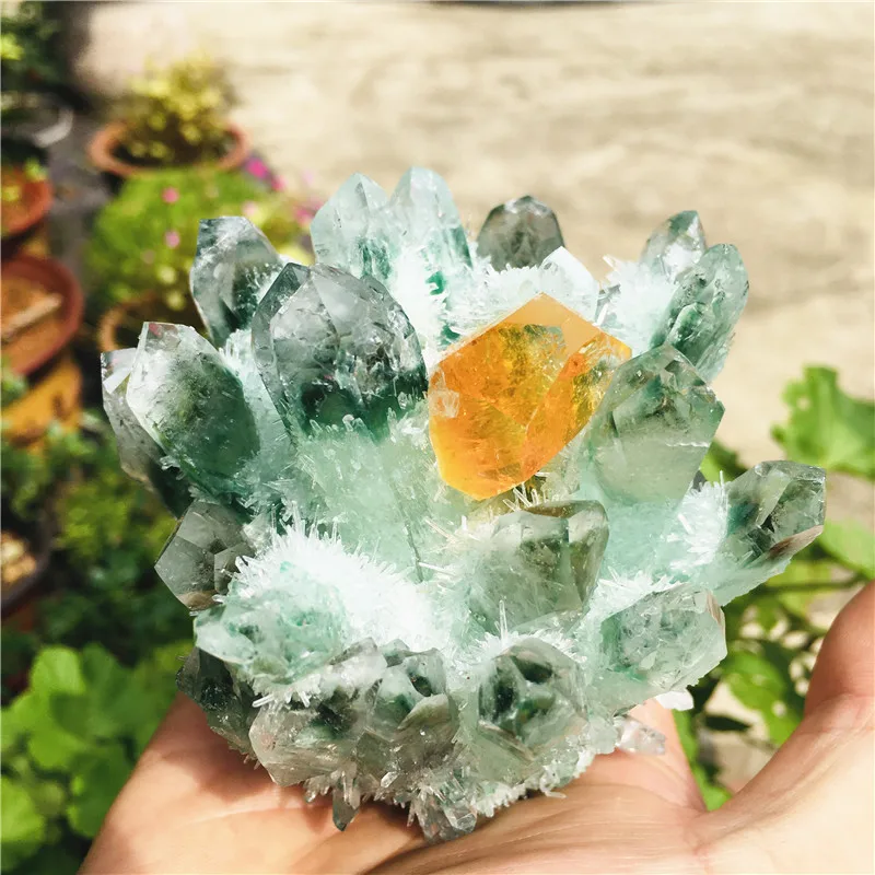 Natural yellow dot ghost quartz crystal cluster healing specimen Wholesale