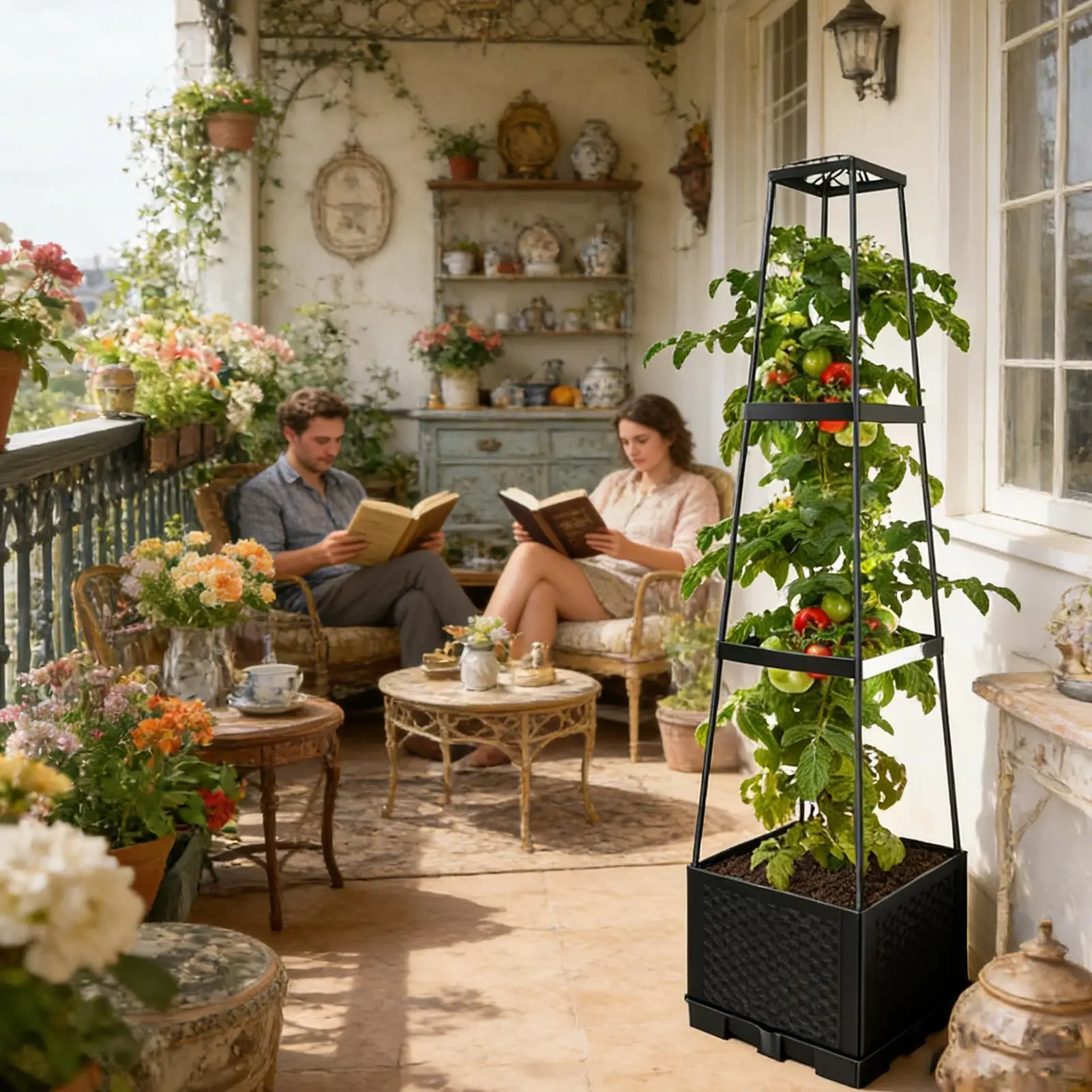 Raised Planter With Trellis 114cm Self-Watering Heavy Duty Outdoor Raised Garden Bed With Trellis For Indoor Apartment Balcony