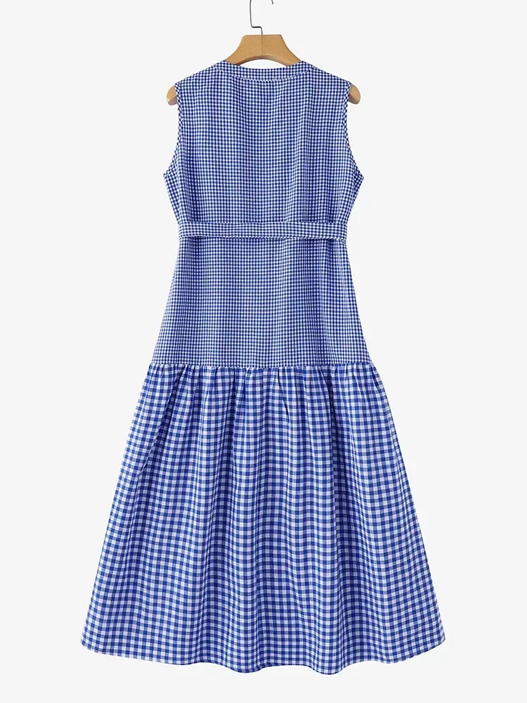 ZANZEA 2025 femmes été longue robe mode col rond sans manches Plaid robes vacances plage ceinturée une ligne décontracté Midi robe d'été