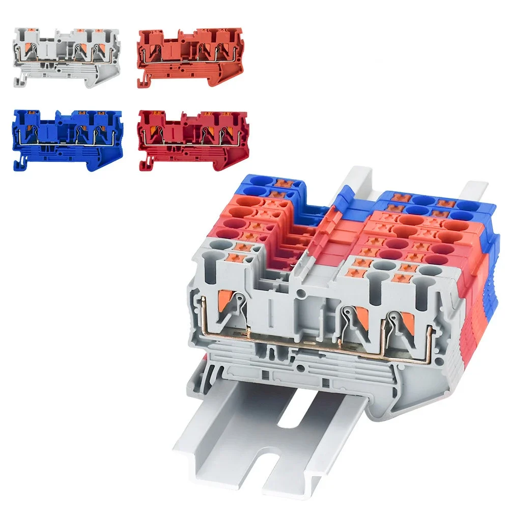 50pcs PT 2.5-Twin 3 Din Rail Terminal Block Mount Conductors Push In Spring Screwless Feed Through Wire Connector