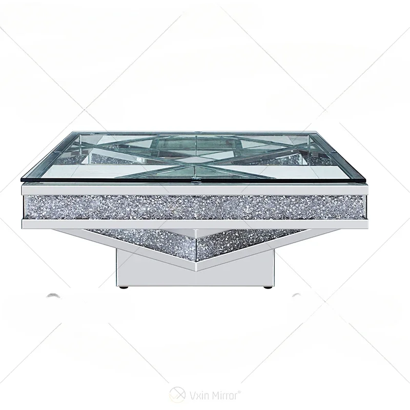 Modern living room glittering broken diamond mirror decorative centre table luxury mirrored silver glass top coffee table