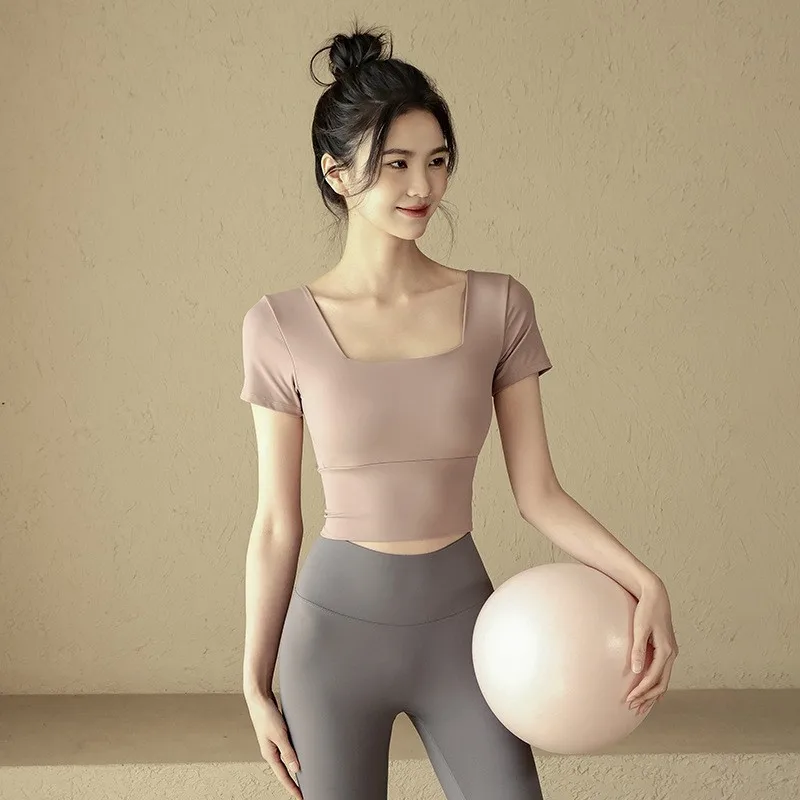 

Yoga Women'S Slim-Fit Slimming Sports Top With Chest Pad High-Grade Short-Sleeved-Shirt Pilates Training Fitness