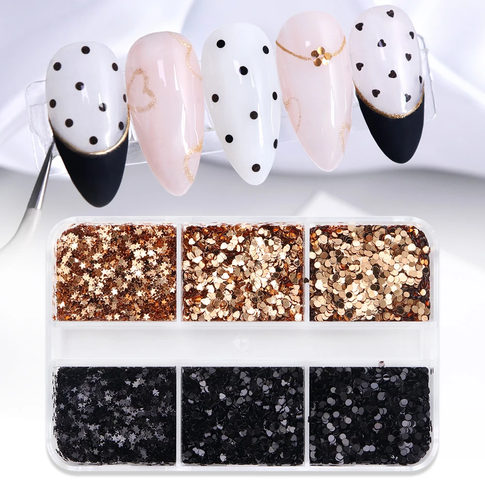 Preto ouro bolinhas arte do prego glitter lantejoulas manicure do vintage lantejoulas bolha estrelas corações forma unhas decoração acessórios