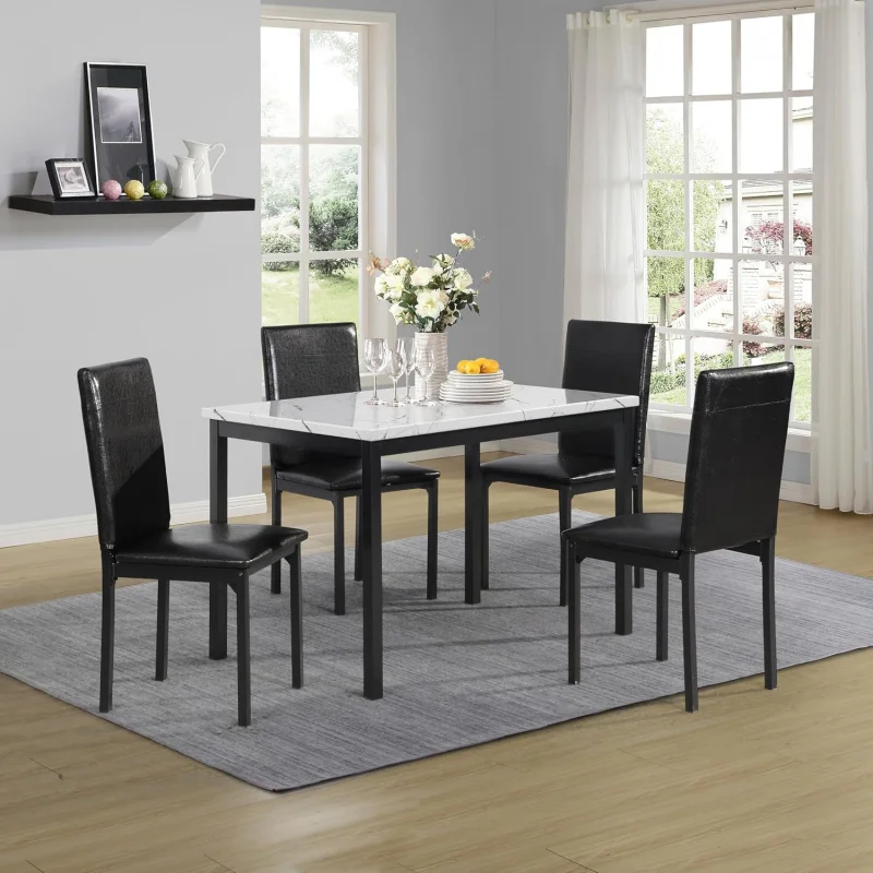 

5-Piece Dinette Set, Laminated Faux Marble Top Metal Dining Set, Easy Clean White Table and Black Chairs, Modern Farmhous