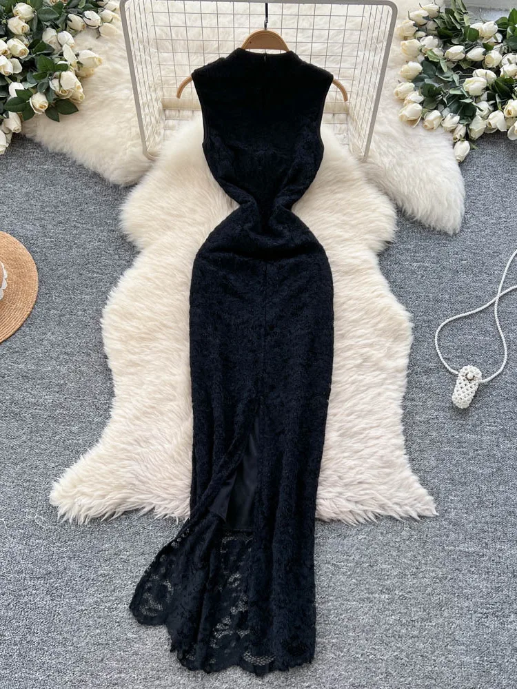 エレガントなレトロな中国風の夏のデザイン刺繍入りスリムフィットノースリーブレースドレスハイウエストAライン韓国版レディースドレス