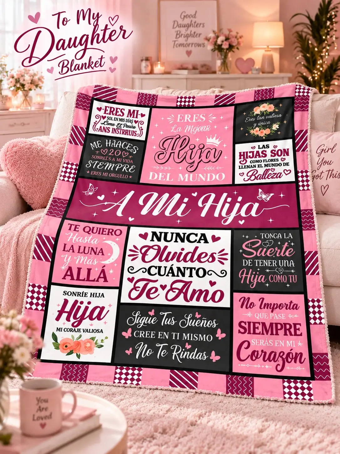 Daughter Flannel Blankets & Throws Spanish Hija Quote Message Gift From Mom for Birthday Christmas Thanksgiving Halloween Anniversary Holiday Bed Sofa Couch Nap Reading Travel Living Room Bedroom Home Decor Family Graduation Party Office Dorm Camping