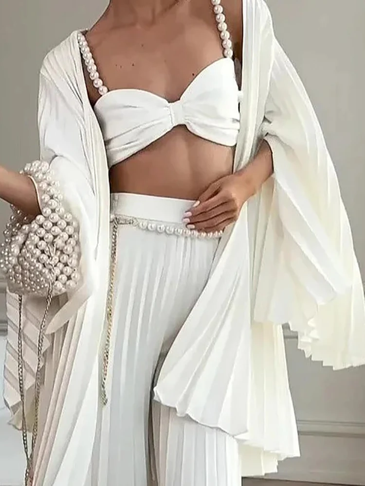 

Модный плиссированный костюм High Street, белый кардиган с длинными рукавами + бюстгальтер + широкие брюки, комплект из трех предметов, женский повседневный свободный праздничный наряд