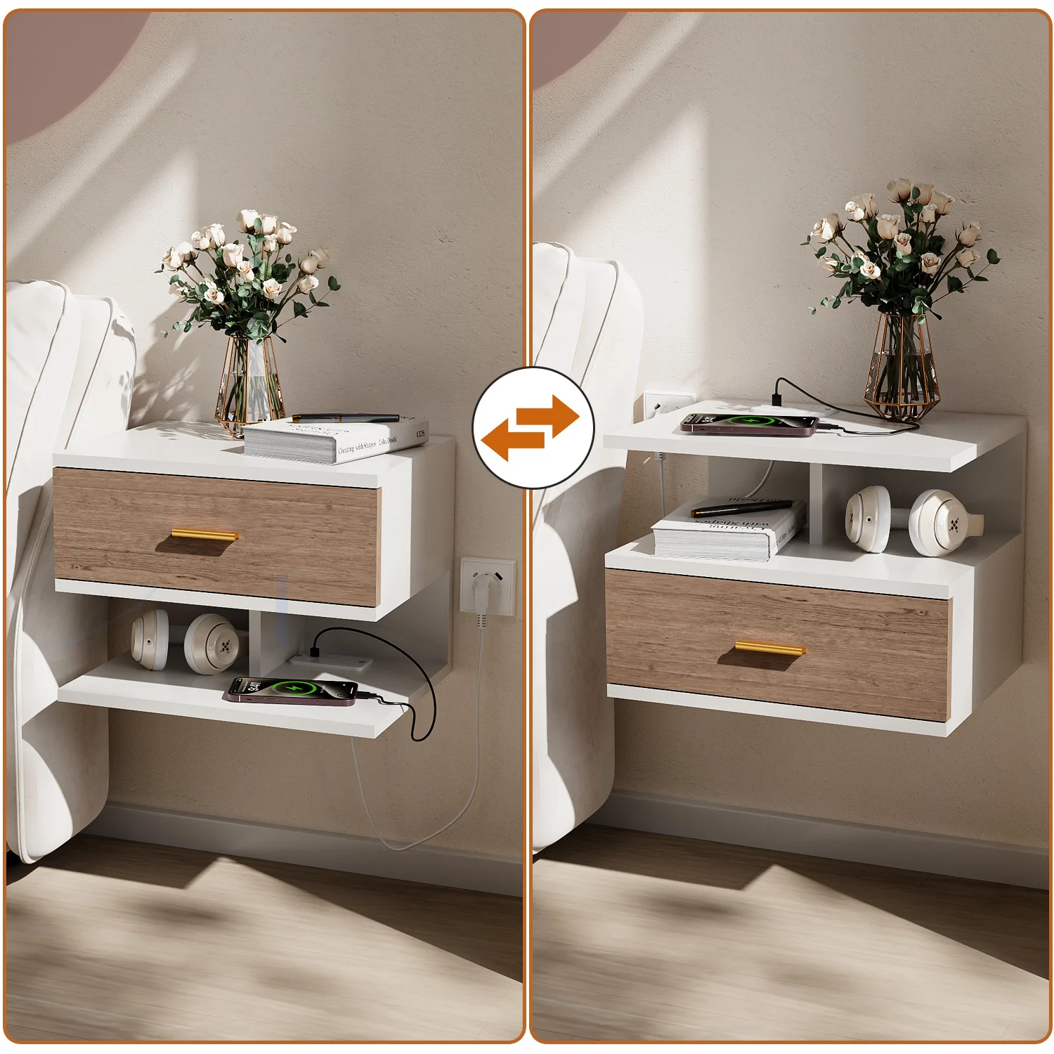Set di 2 Comodini Sospesi Moderni con Cassetti per Camera da Letto e Soggiorno, Tavolino da Notte a Parete