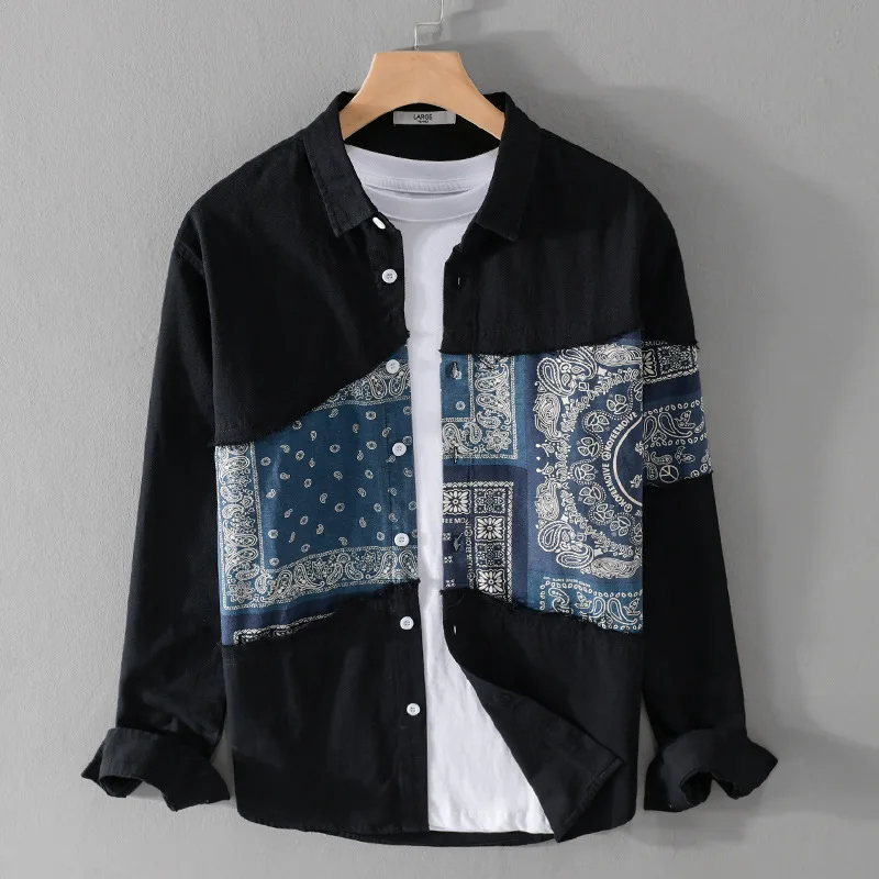 Korean Style Spring Autumn Retro Men\'s Print Turn-down Collar Patchwork Cotton 100% Shirts Long Sleeve Loose Casual Men Clothes