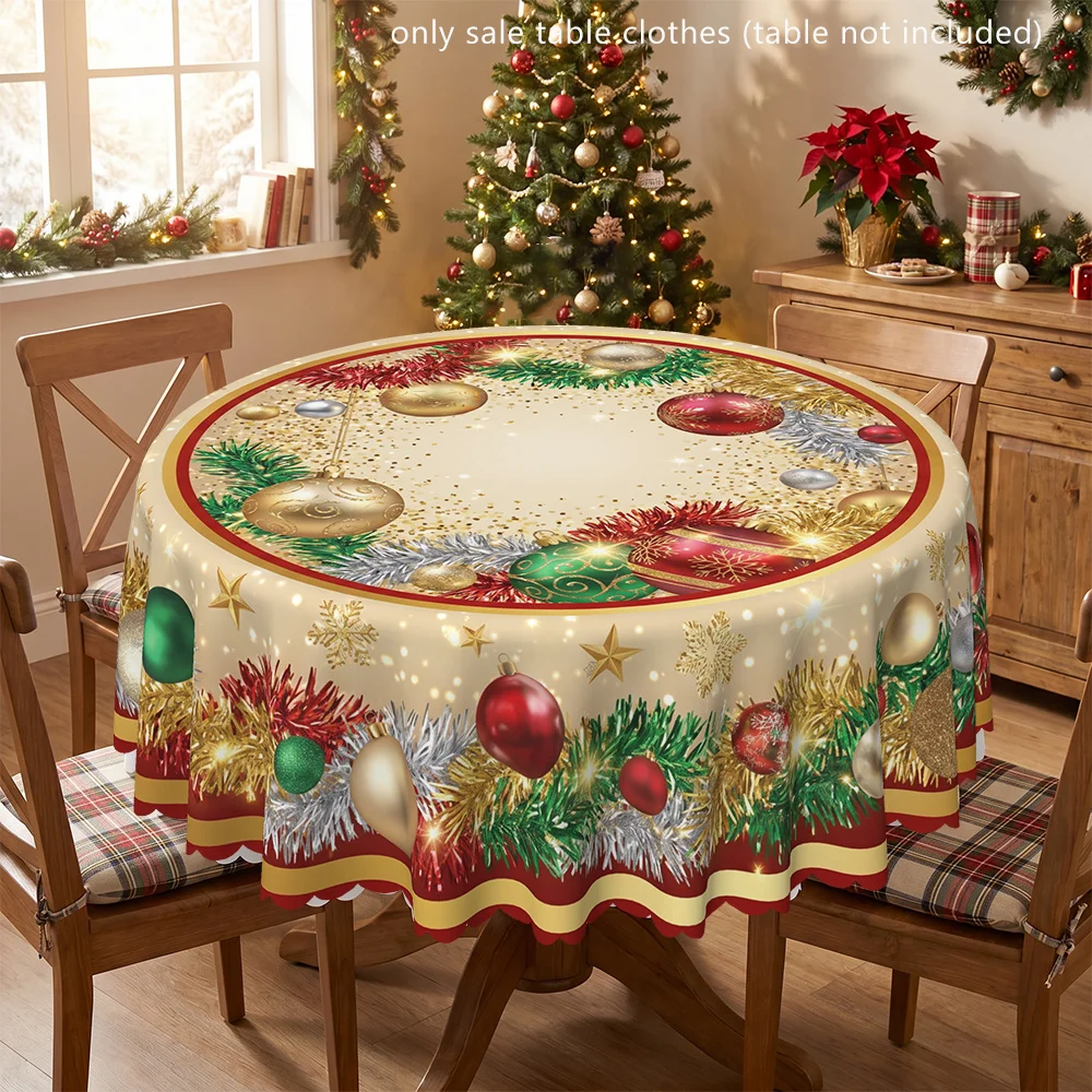 Round Christmas Ball with Foil Wreath Printed Tablecloth