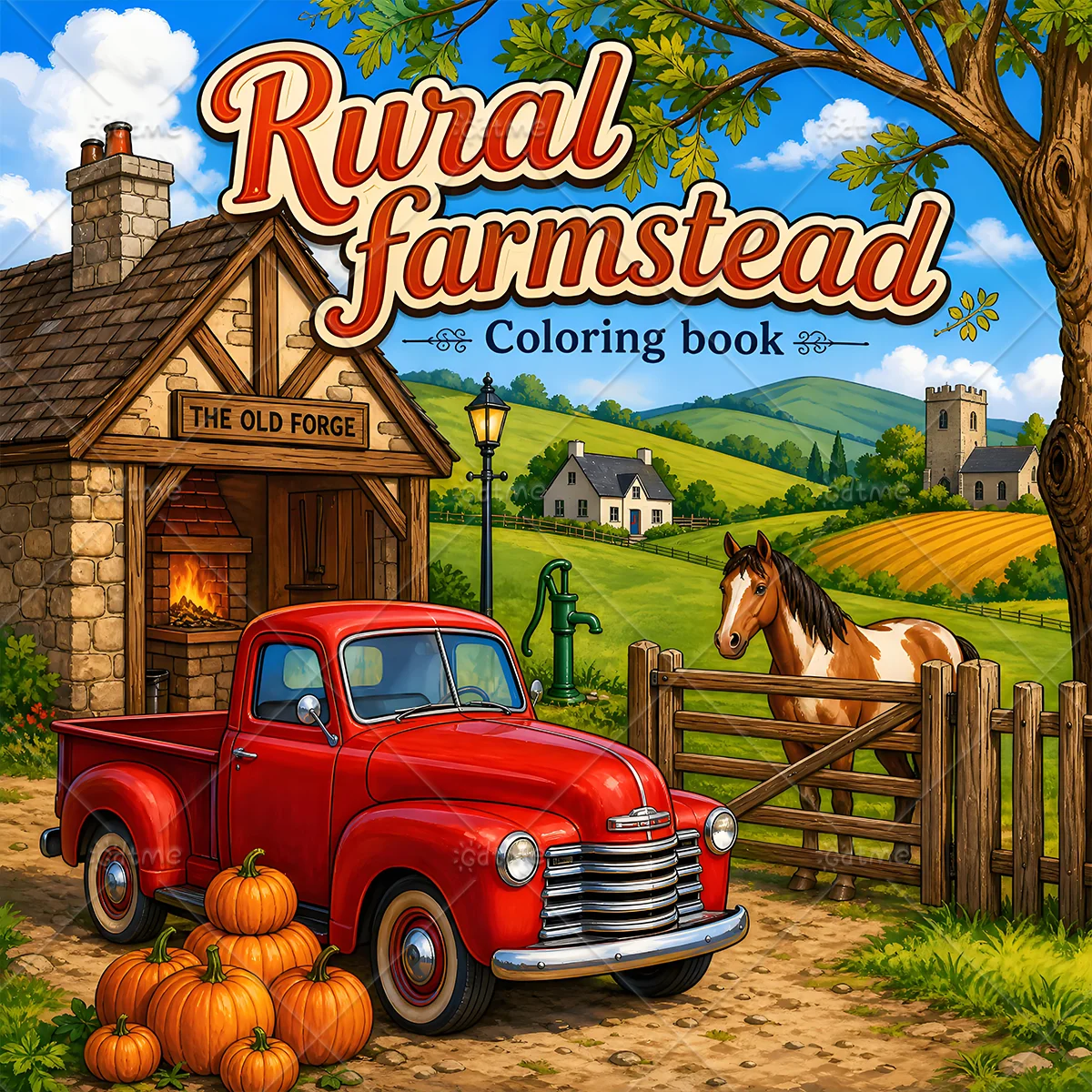 Rural Farmstead Adult Coloring Book, Countryside Farm Vintage Truck Horse Pumpkin Rural Cottage Scenes Stress Relief Art Gift