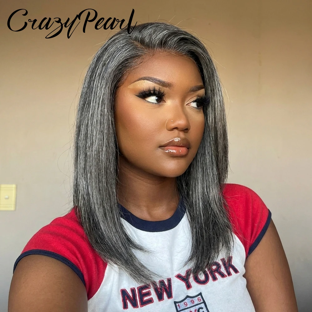 CrazyPearl Bob Wig Human Hair Salt and Pepper Grey Wigs 13X4 Straight Lace Frontal Wigs Human Hair Natural Hairline Gray Wigs