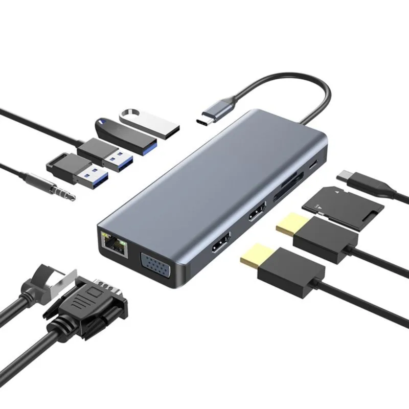 Super Sale USB-C Hub 12-in-1 Docking Station, 4K HDMI-Compatible VGA Gigabit Ethernet, PD 100W, SD/TF Card Reader, USB 3.0 Adapt