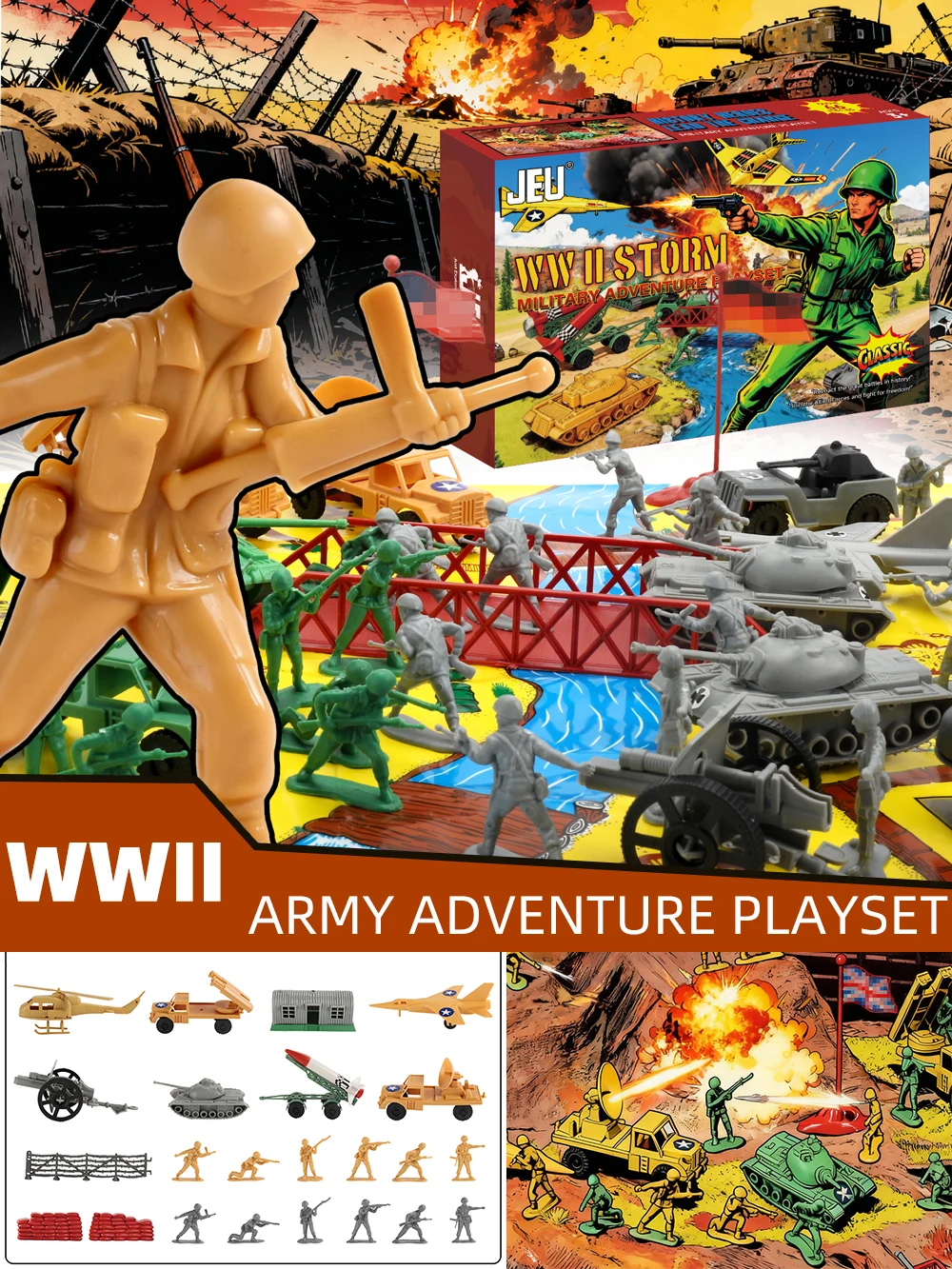 Zestaw do zabawy ViiKONDO Army Men, wojskowe przygody, plac bitewny z II wojny światowej, samolot, czołg, rakietnik, pojazd, figurka żołnierza, gra wojenna, kolorowe pudełko