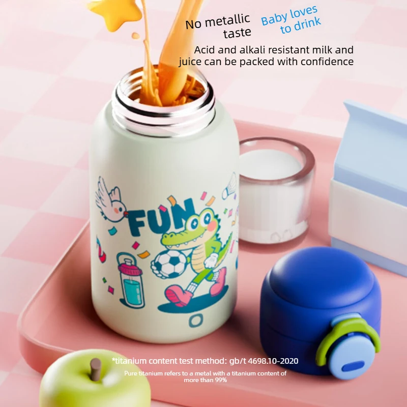 550mL Pure Titanium Kids Straw Bottle, Inner Outer Titanium Cup with Carry Pouch, Lanyard, Leak Resistant Lid for School Travel