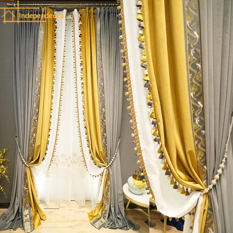 

European style minimalist high-end fully matte velvet embroidered curtains Curtains for Living dining room bedroom