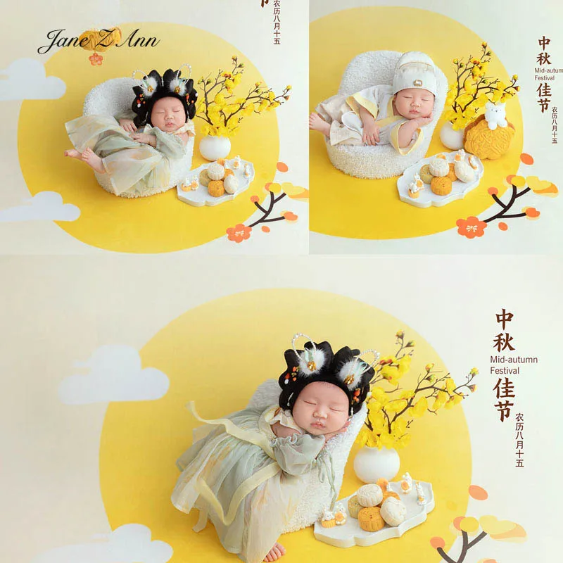 

Baby photo props set Newborn Mid-Autumn Festival theme outfits boy ancient Chinese style hat top pants girl wig headpiece dress