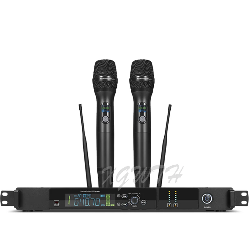 

UHF Wireless Microphone System Adjustable Frequency 2 Handheld Dynamic Caridoid Karaoke Mic for Stage DJ Audio Studio