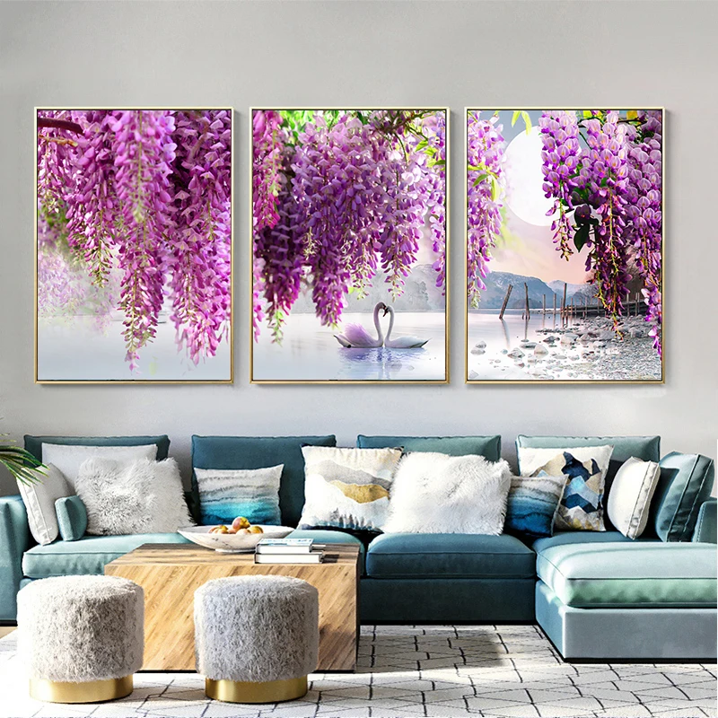 3 Pieces Diamond Mosaic Purple Flower Tree Swan Lake Landscape Picture Full Drill Triptych Diamond Painting  Embroidery Stitch