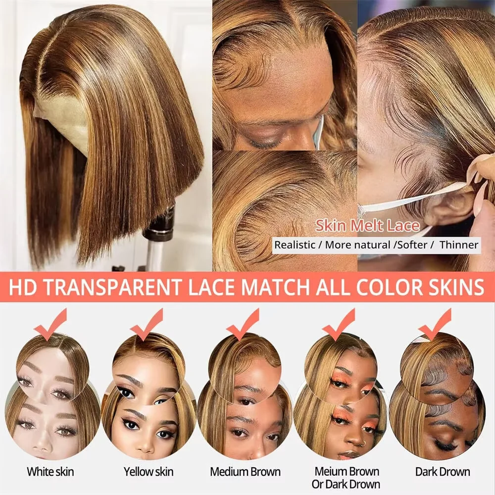 200% 16 Inch Highlight Short Bob Wigs 13X6 Straight Hd Lace Front Ombre Brown Frontal Glueless Bob Wig Human Hair Ready to Wear image 6