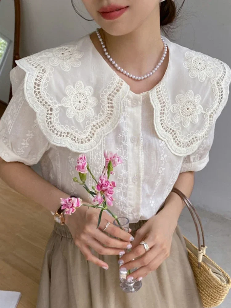 Gaganight Women Korean Chic Doll Collar Embroidered Hook Flower Blouse French Single breasted Puff Sleeve Shirt Female Top