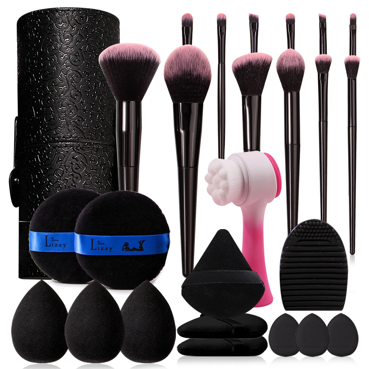 26 pièces ensemble combinaison 12 pièces ensemble de pinceaux de maquillage + 11 pièces ensemble d'éponges + 1 outil de lavage + 1 pièces brosse pour le visage douce + 1 seau de rangement