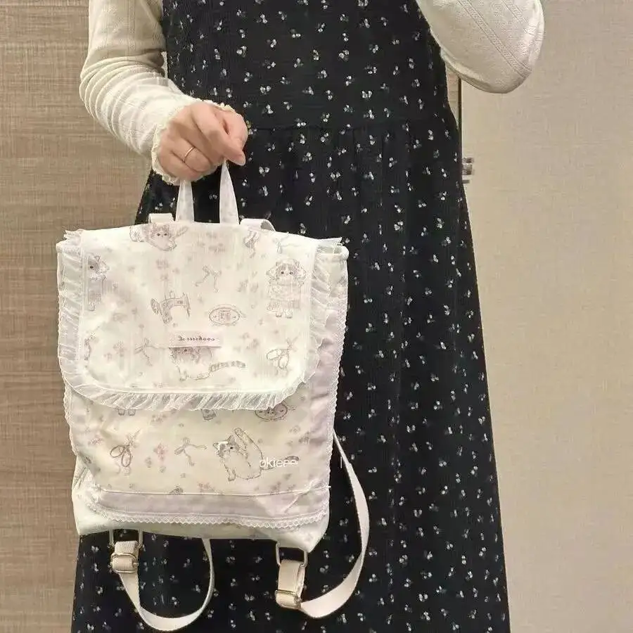 Bloom Sweet Cat Print Canvas Backpack Women Fairycore Aesthetic Lace Large Capacity Backpacks Girls Haruku Kawaii Mochila