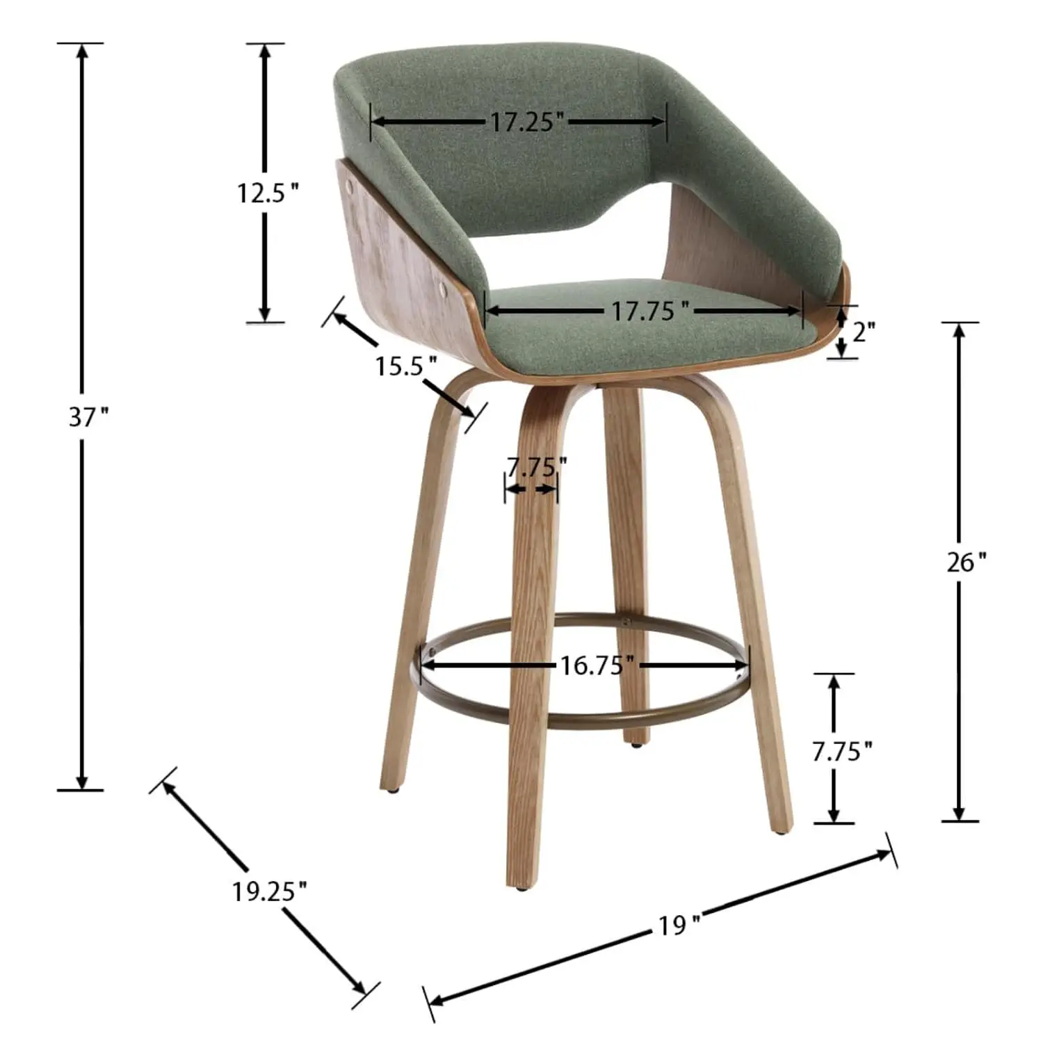 26 Inch Swivel Counter Stool Set of 4, Modern Linen Barstool with Curved Back & Bent Wood Leg, Dining Stool with Footrest for Pu