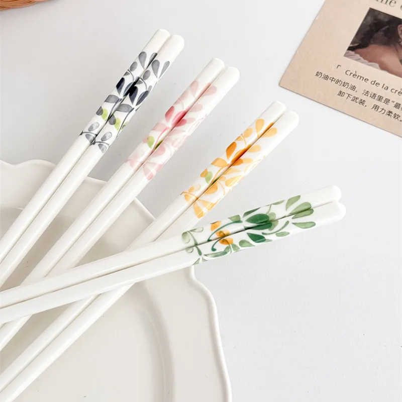4/10 Pairs Ceramic Chopsticks-Four Seasons Floral Pattern, High Temperature Resistant, Easy to Clean,  for Home & Restaurant