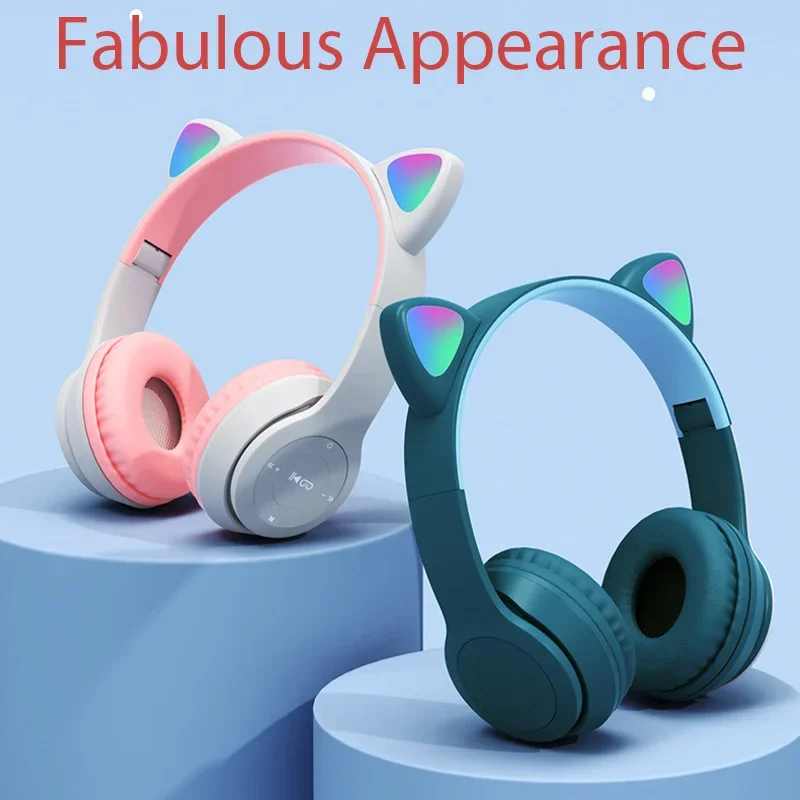 Wireless Headphones Cat Ear Bluetooth-Compatible Helmets Stereo Bass Over-Ear Headsets Sports Headphones for Kids and Adult