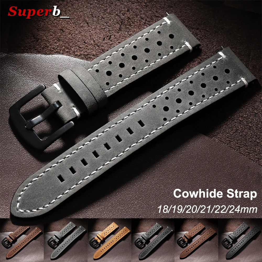 Quick Release Breathable Porous Watch Band Handmade Cowhide Leather Strap 18mm 19mm 20mm 21mm 22mm 24mm Vintage Brown Wristband