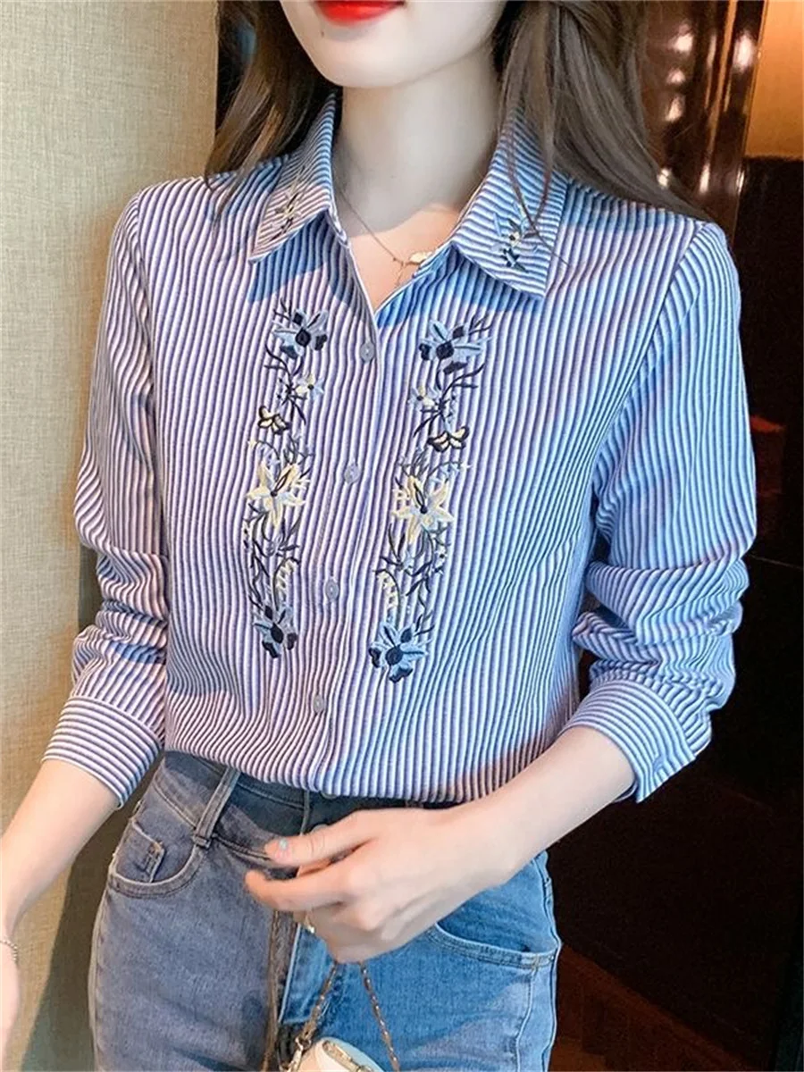 Embroidery Women Spring Autumn Blouses Shirts Lady Casual Long Sleeve Turn-down Collar Striped Printed Blusas Tops DF4781