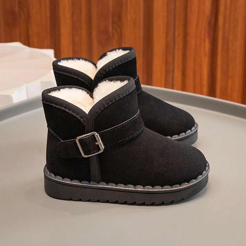 Children Snow Boots Buckle Fashion Thick Fur Solid Color Kids Short Boot Ankle-high Flexiable Leisure Warm Boys Girls Shoe 23-36