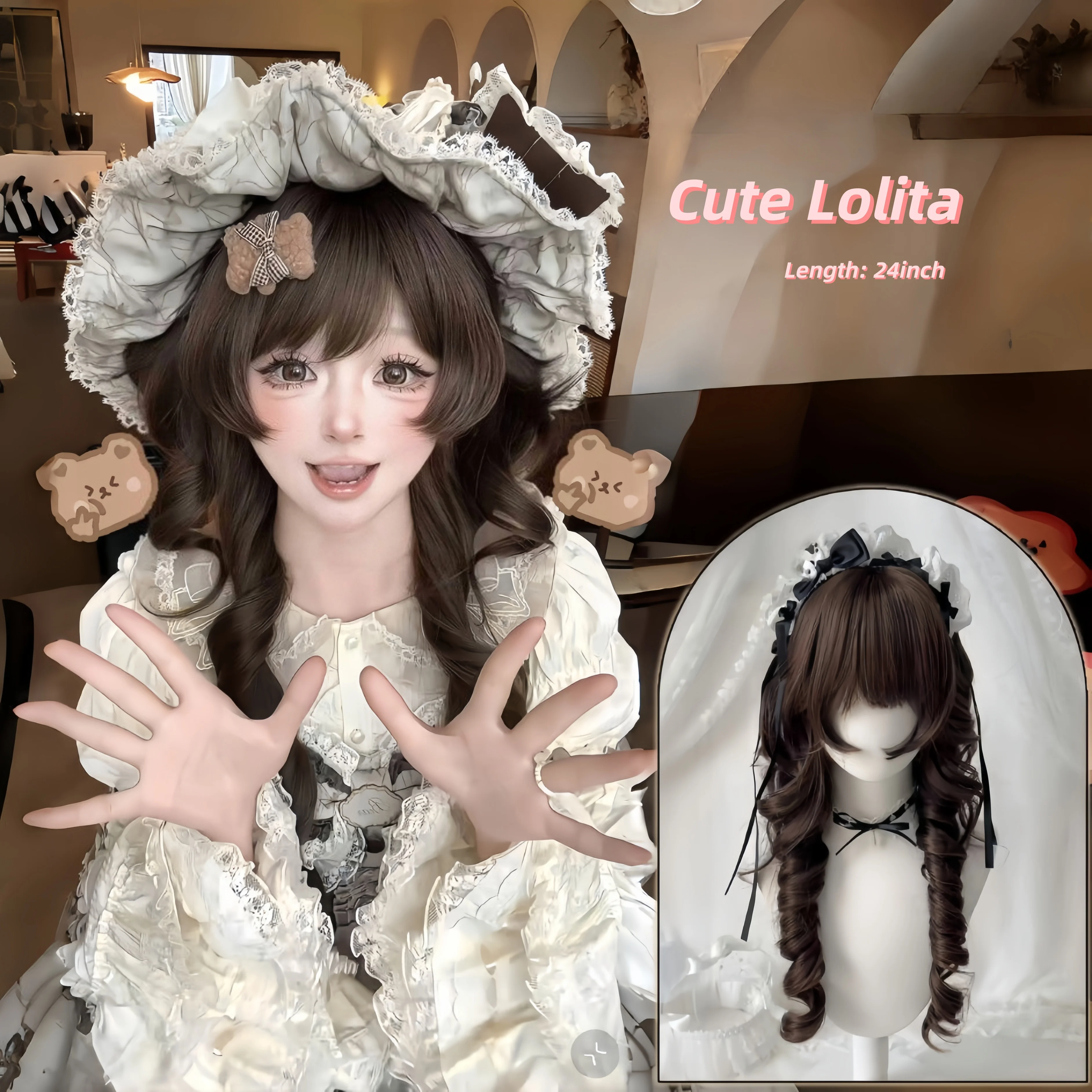 

Lolita Wig with Bangs Jellyfish Head Long Curly Hair High Temperature Fibers Brownish Black Synthetic Wig for Cosplay Daily Wear