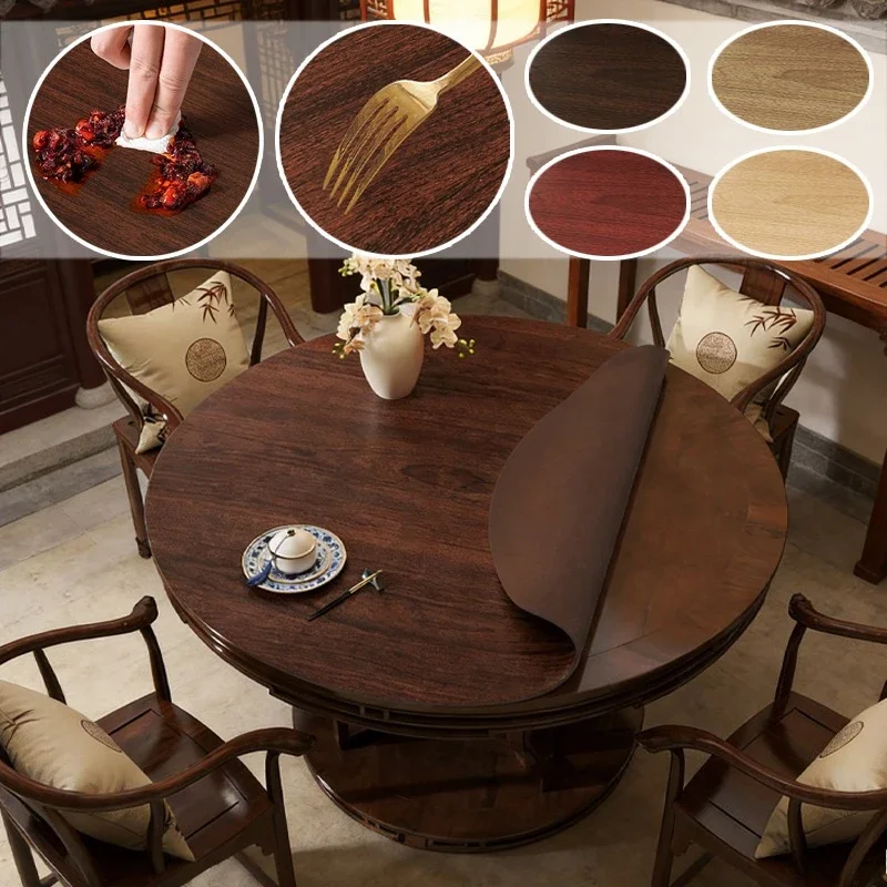 Nut-brown Wood Grain Tablecloth Waterproof Oil-proof Round Table Pad Chinese Style for Kitchen Dining Party Table Decoration