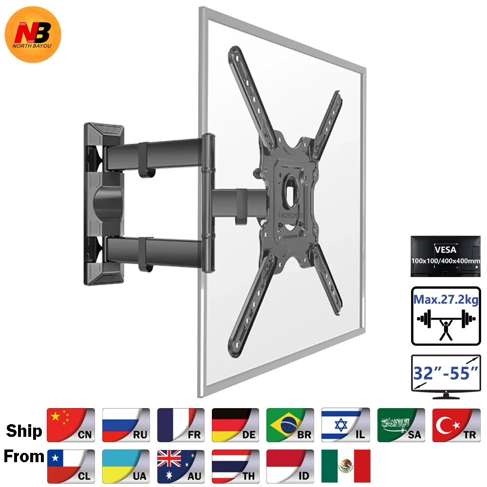 New NB P4 Full Motion 32-55 inch TV Wall Mount  Flat Panel LED LCD Display Mount Bracket MAX.VESA 400x400mm Load 27.2kgs