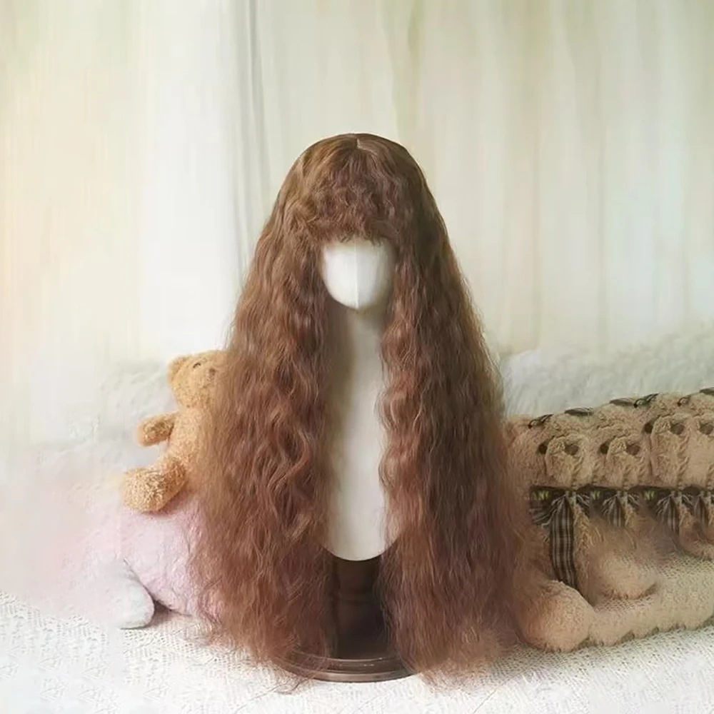 شعر صناعي مجعد صغير مموج 80 سم مع غرة، رقيق بشكل طبيعي، مناسب للحفلات اليومية للنساء، شعر مستعار لوليتا