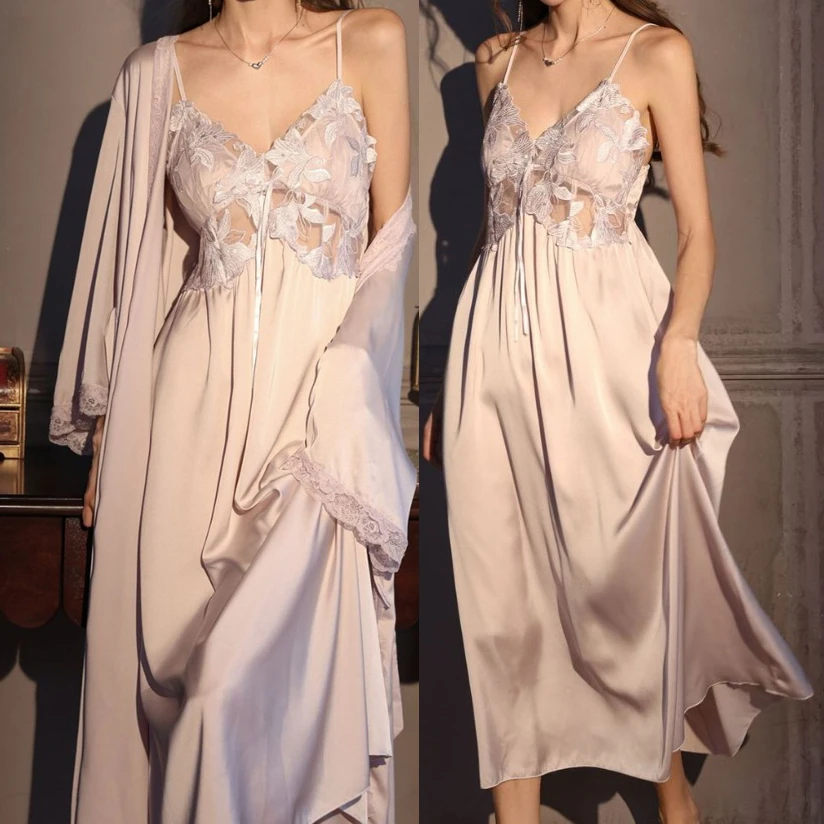 

Элегантный женский комплект: длинный халат, ночная сорочка, роскошная шелковистая атласная одежда для сна, домашняя одежда, сексуальное кружевное ночное белье с вырезами, пеньюар, домашняя одежда для отдыха
