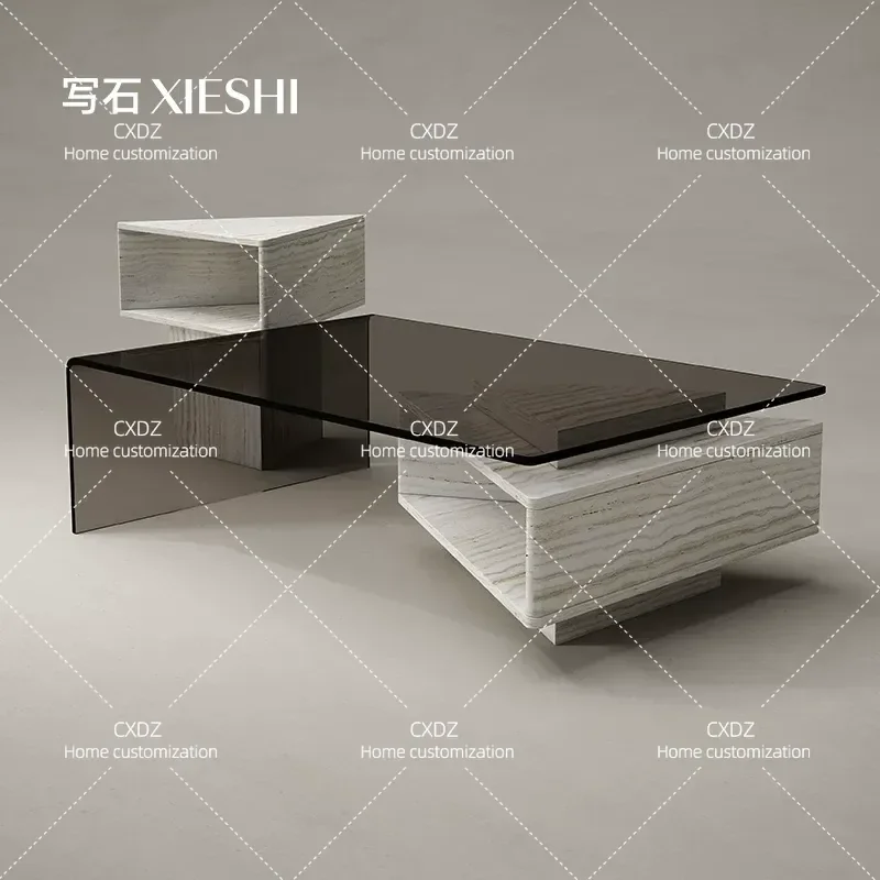 Natural Marble Coffee Table Minimalist Living Room Creative Glass Rectangular Retractable Center Table Light Luxury Design