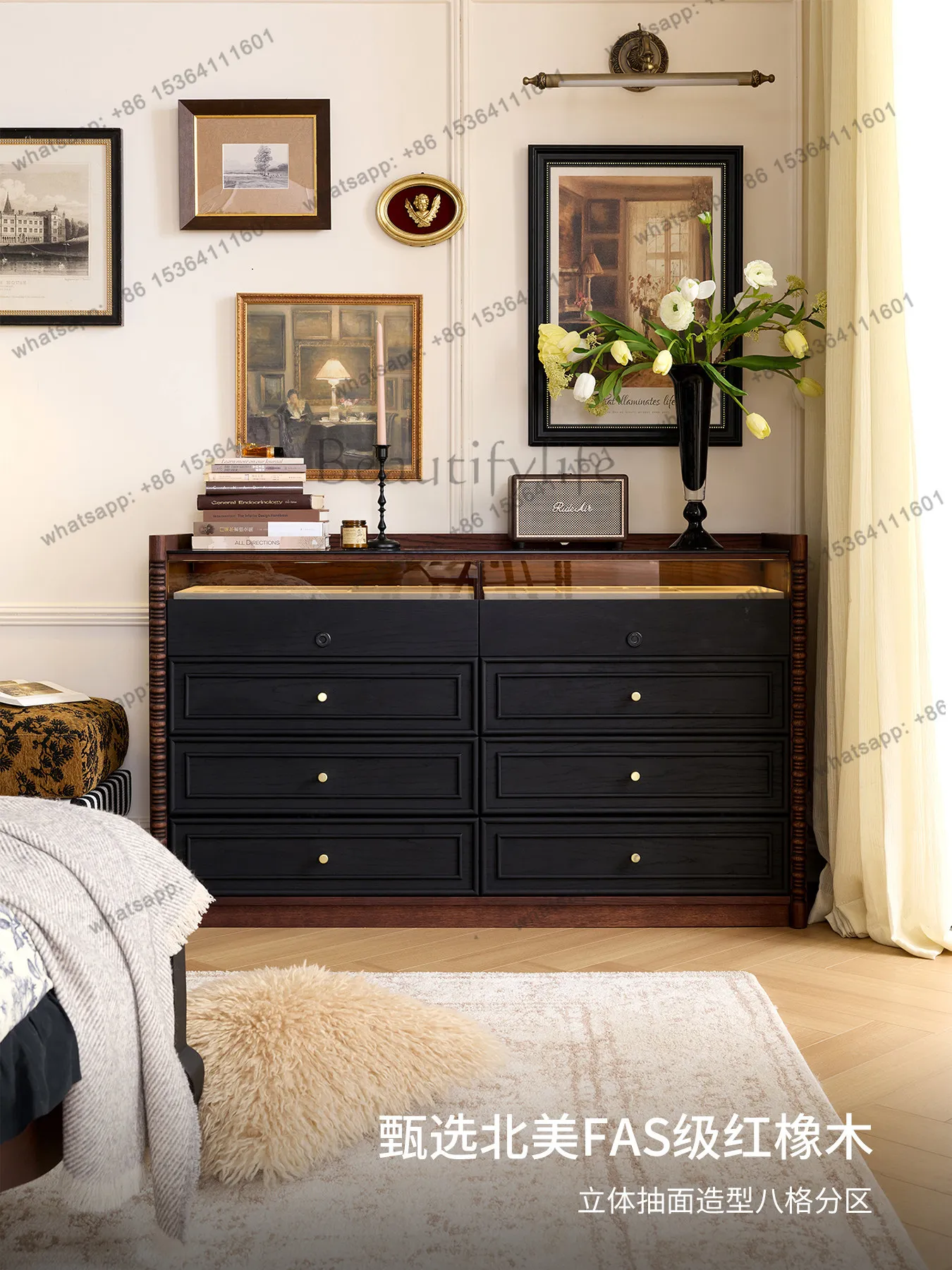 French retro eight-bucket jewelry cabinet, bedroom storage, antique style, bedside storage, solid wood chest