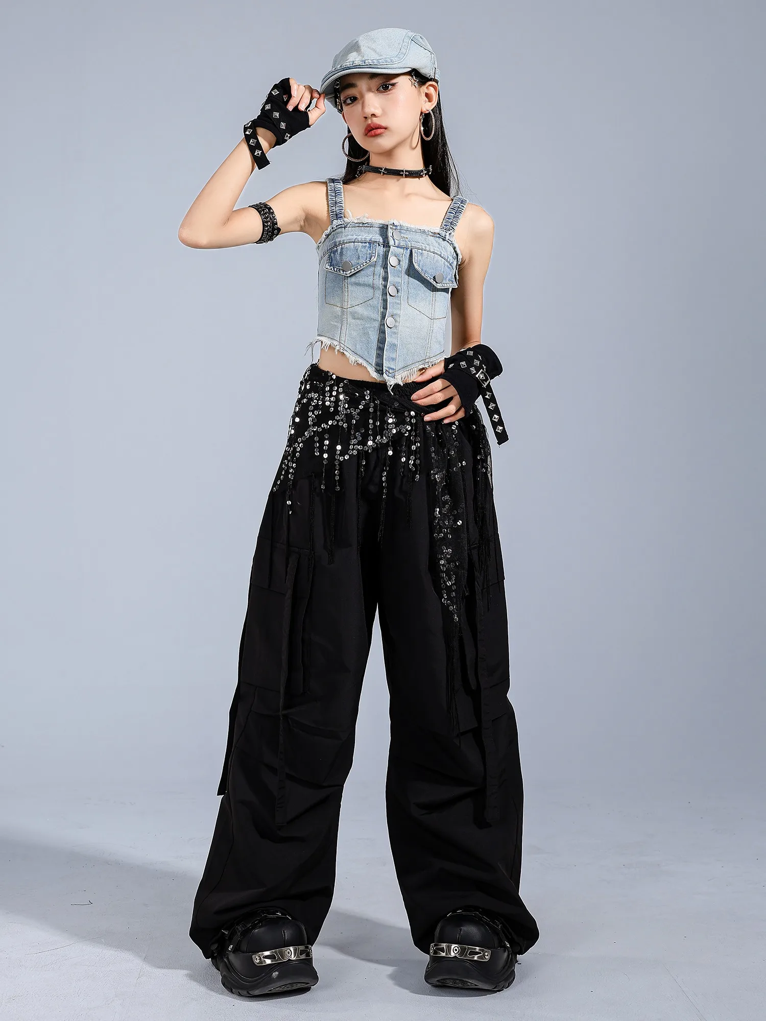 Summer Jazz Dance Clothes Girls Denim Vest Black Hiphop Pants Street Dance Perofrmance Outfits Kids Group Stage Clothing BL16695