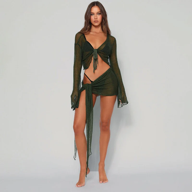 Vestido playero Sexy para mujer, conjunto de dos piezas transparente, Top de manga larga y minifalda a juego, color verde, otoño, 2024