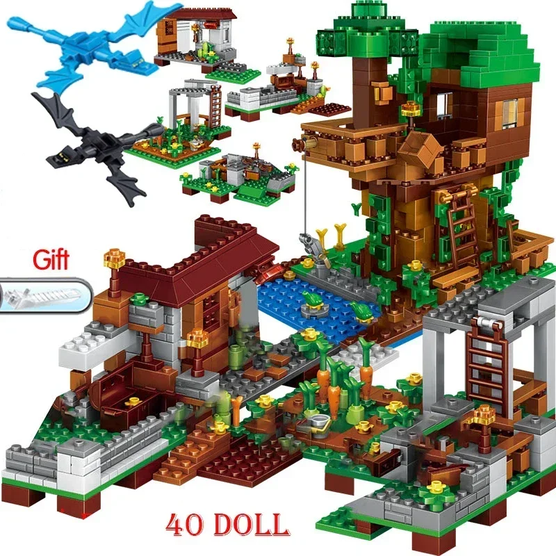 Brinquedos quentes 1208 pçs blocos de construção para legoinglys minecrafted aldeia cavalo de guerra cidade árvore casa cachoeira brinquedos educativos para crianças