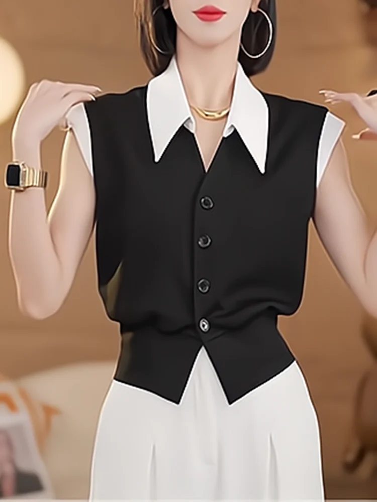 

Slimming V-Ne Svel Vest Women's Summer Faion Contrast Color Open Cardigan Single Button oulder Baring Sweater