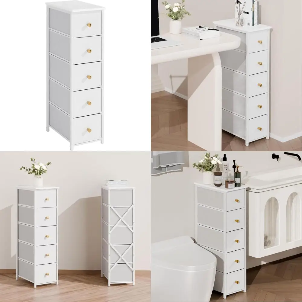 

Компактный тонкий шкаф для ванных комнат, общежитий и спален - высокий, узкий, белый, 5 ящиков