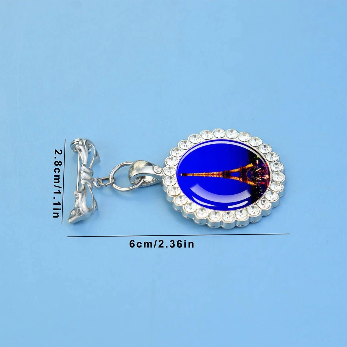 1PC Circular Glass Brooch with Eiffel Tower Pattern and Synthetic Zircon Border, Suitable for Holiday Parties and Birthday Gifts